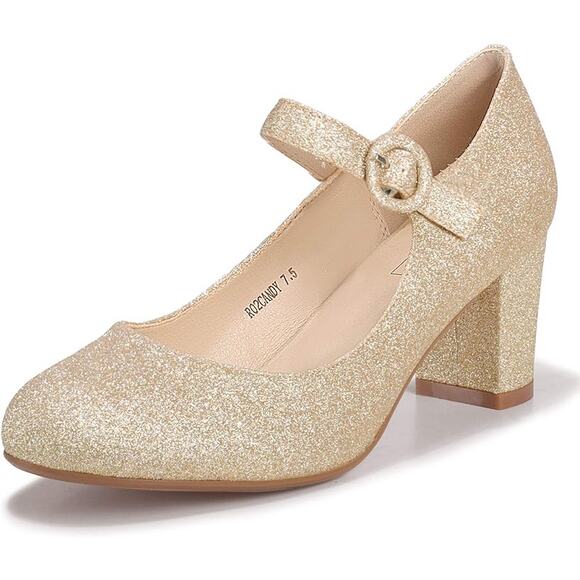 IDIFU Shoes - IDIFU Womens 10 Gold Glitter Candy Mary Jane 2.5" Block Heel Closed Toe Shoes